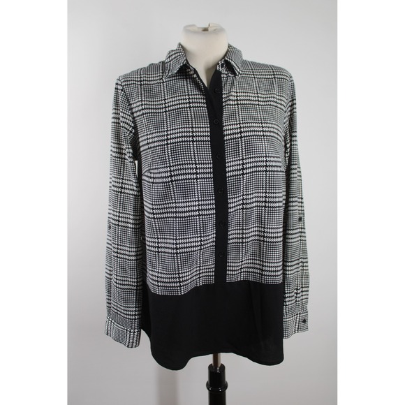 Talbots Tops - Talbots Size S Black White Plaid Button Down Blouse Mixed Media Roll Tab Sleeve